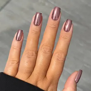 24pcs Long Square Electroplated Y2K Style Magic Chrome Glossy Holographic Nail Powder Aurora Artificial Fake Nails, Nail Kit Set, Includes Jelly Glue and File