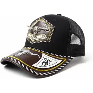 Men's Premium Double Snapback Trucker Hat with Authentic Longhorn Concho Designs Adjustable Western Style Cap for Rodeos & Ranch Work