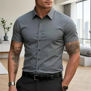 Men's Slightly Stretch Short-Sleeve Shirt, Wrinkle-Free Button-Up Shirt, Suitable for Both Business and Casual Dress
