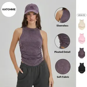 KatchMe Women's Vintage Washed Solid Color Sleeveless Side Pleated Tank Top, Versatile Soft Round Neck Crop Top, Casual Womenswear, Summer Tops for Holiday
