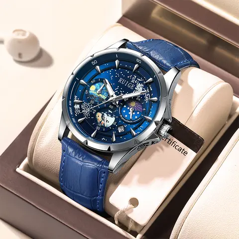 RUIGE Men's 42mm Star Sea Trendy Multifunctional Quartz Watch - Calf Skin Leather Strap with Buckle, Mineral Glass, Calendar, Moon Phase, Night Light, << 30M Water Resistant
