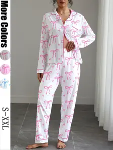 Women's Cute Bow Print Pajama Set, Soft Elastic Fabric, Long Sleeve Shirt Collar Top & Pants, Perfect for Home & Outdoor Wear Loungewear