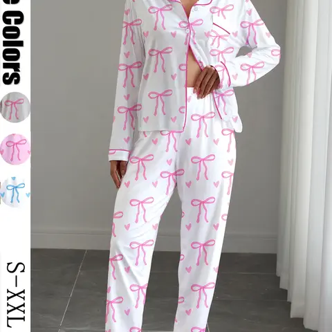 Women's Cute Bow Print Pajama Set, Pj Sets, Soft Elastic Fabric, Long Sleeve Shirt Collar Top & Pants, Perfect for Home & Outdoor Wear Loungewear