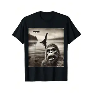 Big-Foot Selfie With Loch Ness Monste And UFO Aliens Graphic T-Shirt, Unisex Graphic T Shirts, Cotton