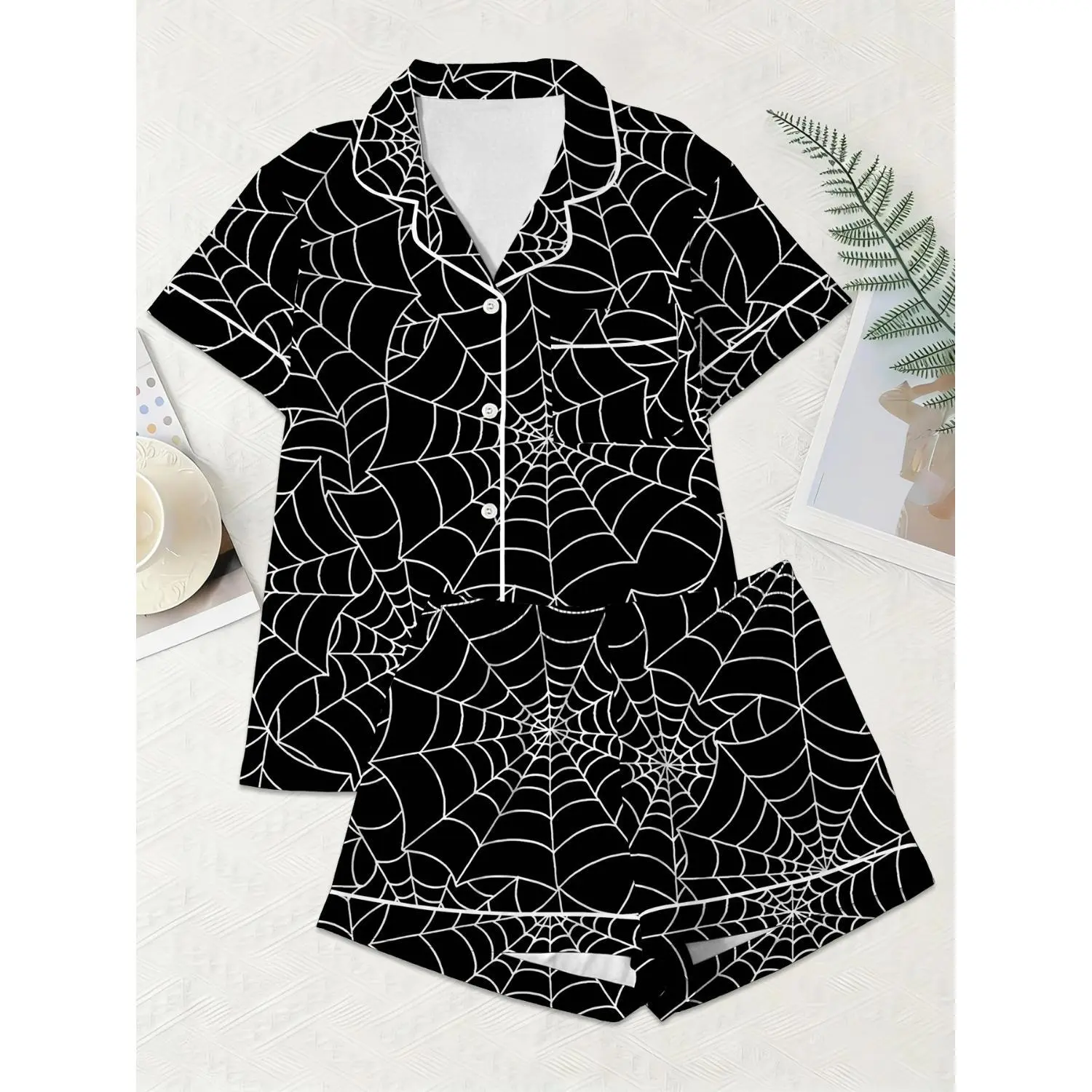 Gothic Spider Web Print Women's Pajama Set - Soft Short Sleeve Button-Up Sleepwear