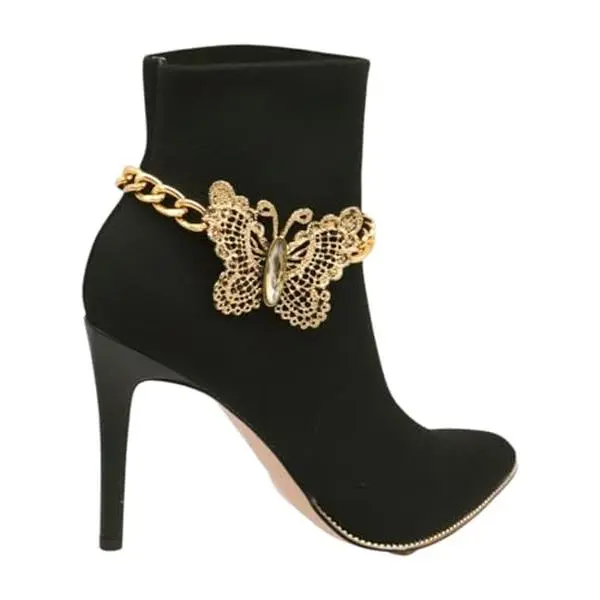 Women Western Fashion Gold Metal Boot Chain Bracelet Shoe Anklet with Mesh Butterfly Charm Adjustable 10-15 Inches USA Made