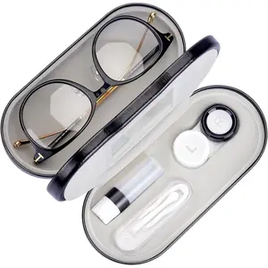 2 in 1 Contact Lens Case and Glasses Case, Double Sided Design with Mirror, Portable Travel Kit with Tweezer, Remover and Solution Bottle, Black