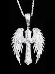 Iced Out Wing Jesus Cross Charm Necklace Pendant for Men Real Copper 5A Cubic Zirconia Gold Plated Hip Hop Jewelry
