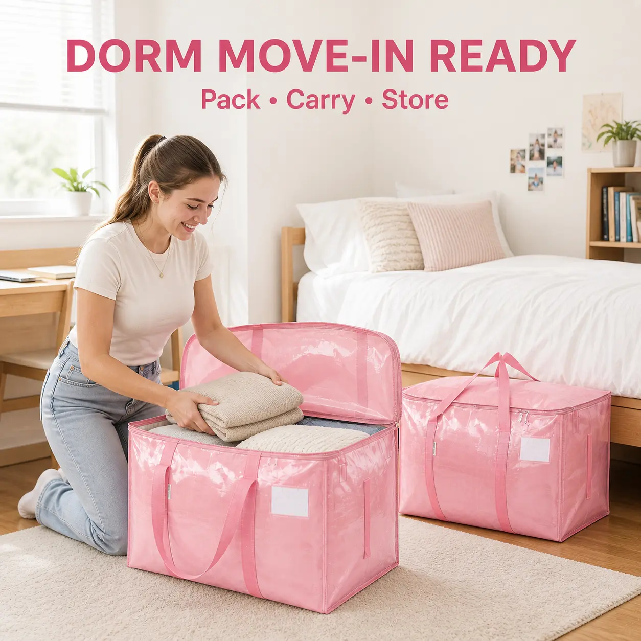 Reusable Extra Large Moving Bags with Strong Handles, Zippered Closure and Label Pocket, Foldable Packing Totes for Clothes, Bedding, Dorm Room Storage, Travel, Camping and Home