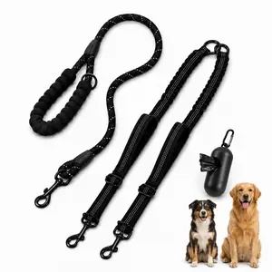 Double Dog Leash for 2 Dogs, No-Tangle 360° Swivel Dual Bungee Coupler, Reflective Adjustable Dog Leash with Padded Handle for Medium Large Dogs poodle shot leash
