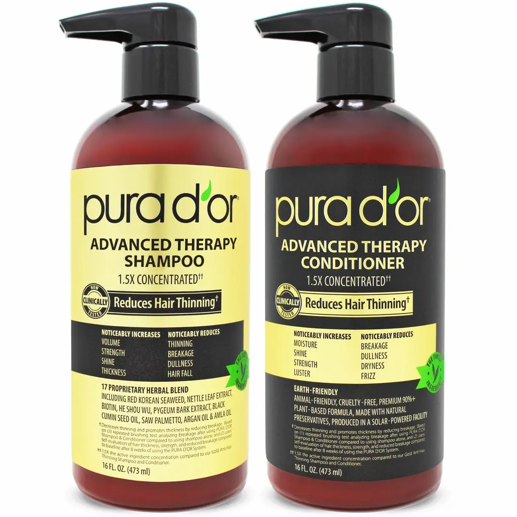 PURA D'OR Advanced Therapy Shampoo & Conditioner Setx2 16oz(473ml) – Biotin Hair Growth Shampoo to reduce Thinning Hair with Red Korean Seaweed, Argan Oil, Tea Tree, Saw Palmetto & Aloe Vera