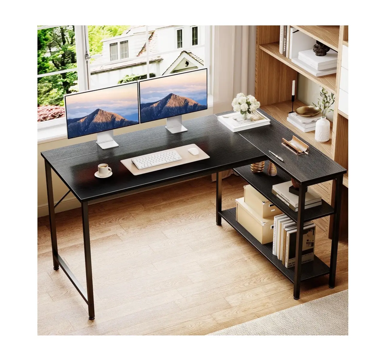 48 Inch L Shaped Computer Desk with Reversible Storage Shelves, Corner Desk for Home Office and Study, Black