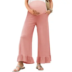 Womens Maternity Pants Soft Ruffle Flowy Lounge Palazzo Pants Pregnancy Wide Leg Trousers