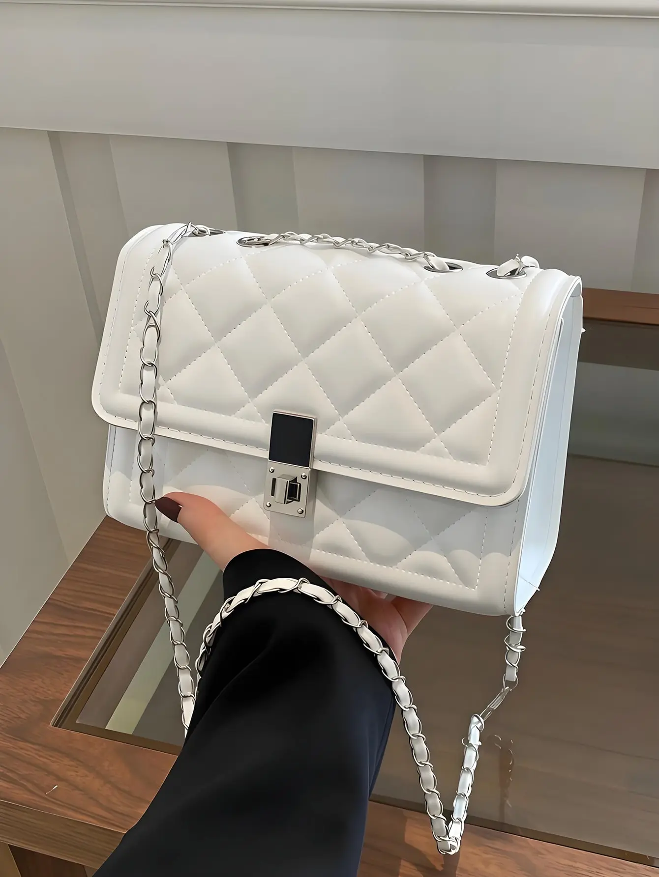 Fashion Solid Color Quilted Square Chain Shoulder Bag, Lightweight Handbag And Wallet, Daily Commuter Crossbody Bag, Casual Cell Phone Coin Purse