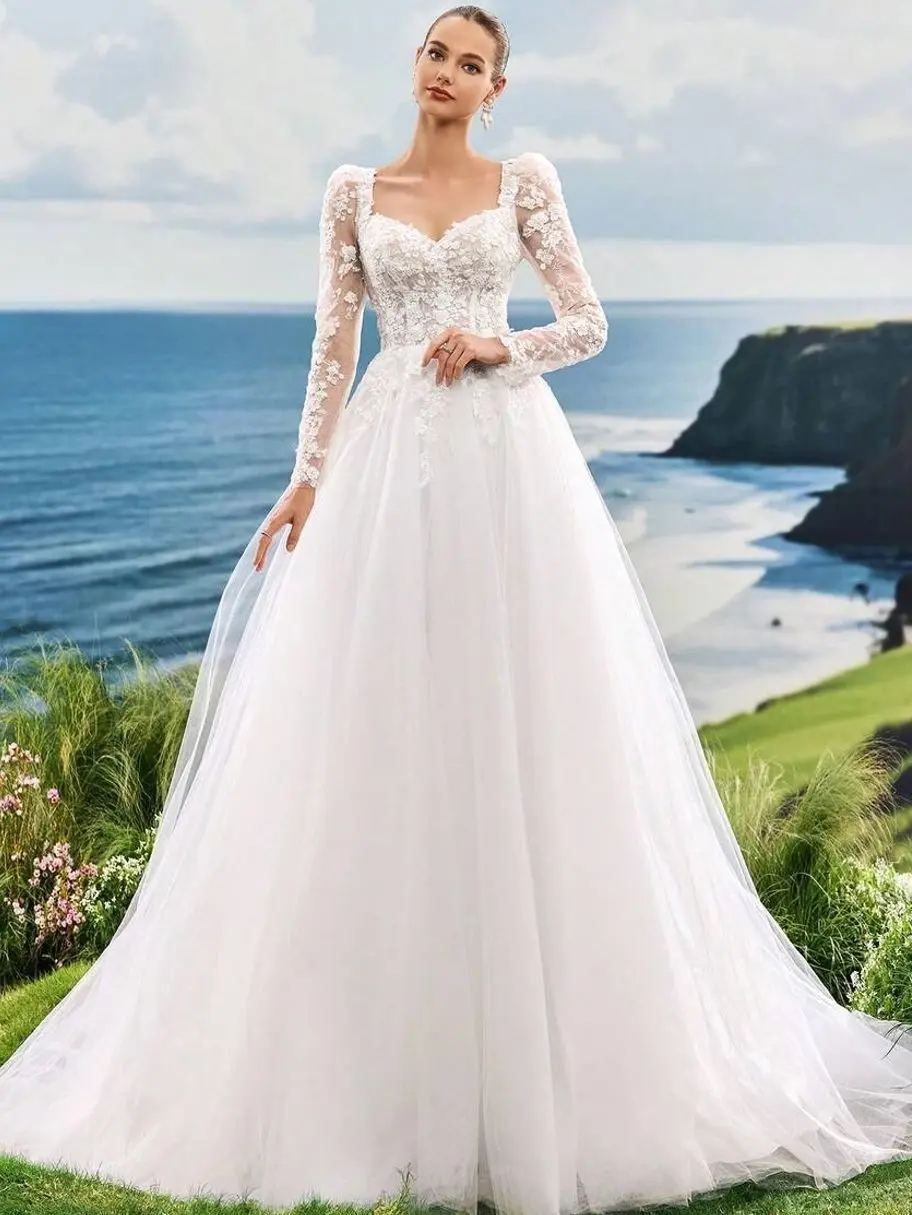 🤍 Luxury Lace Wedding Dress, Off Shoulder Pearl Embroidered Bridal Gown For Beach, Castle And Ballroom Weddings.