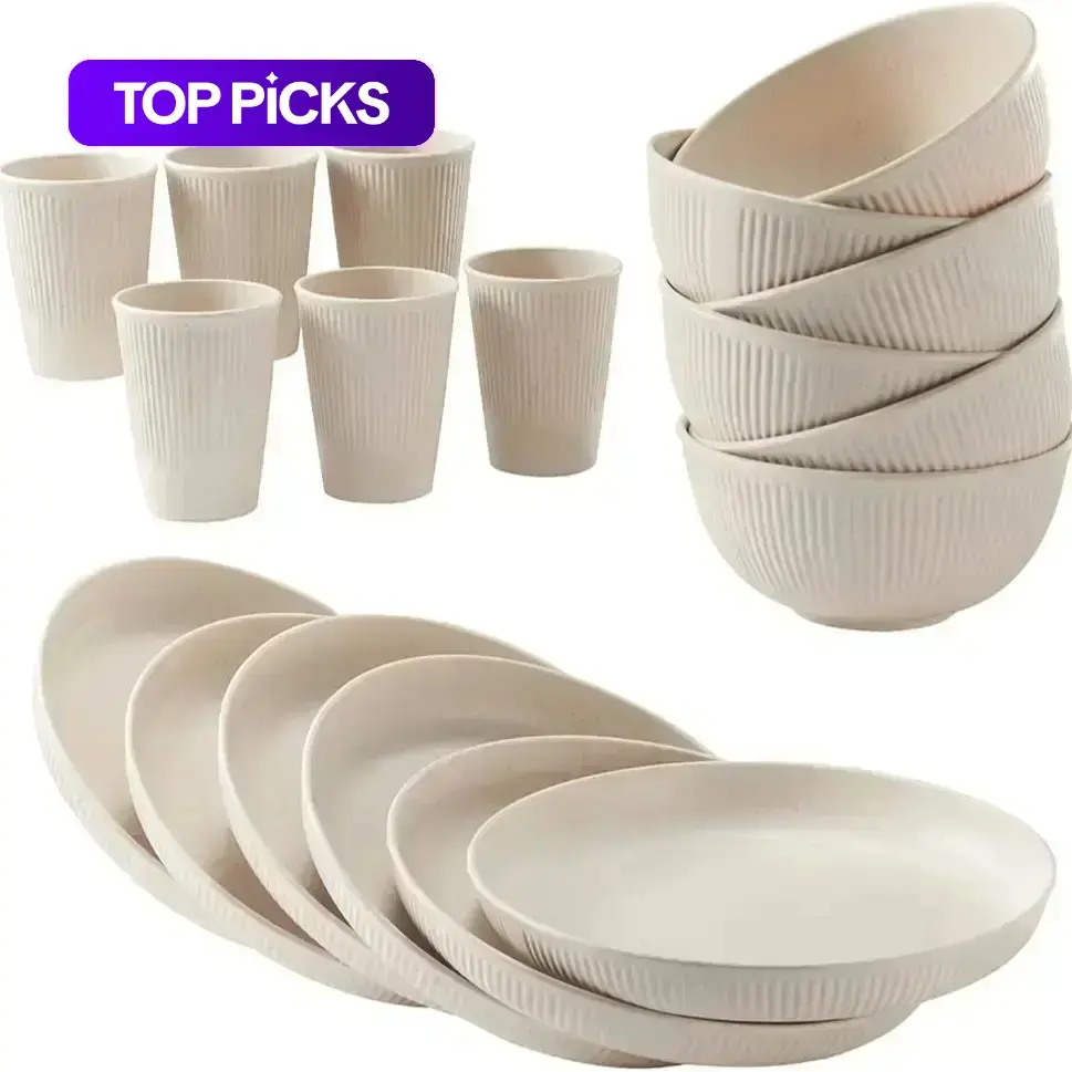 18-Piece Wheat Straw Plastic Cutlery Set, Reusable Cups, Plates and Bowls, Dishwasher & Microwave Safe Dinnerware Set for Kitchen Tableware #GLOBAL PICKS