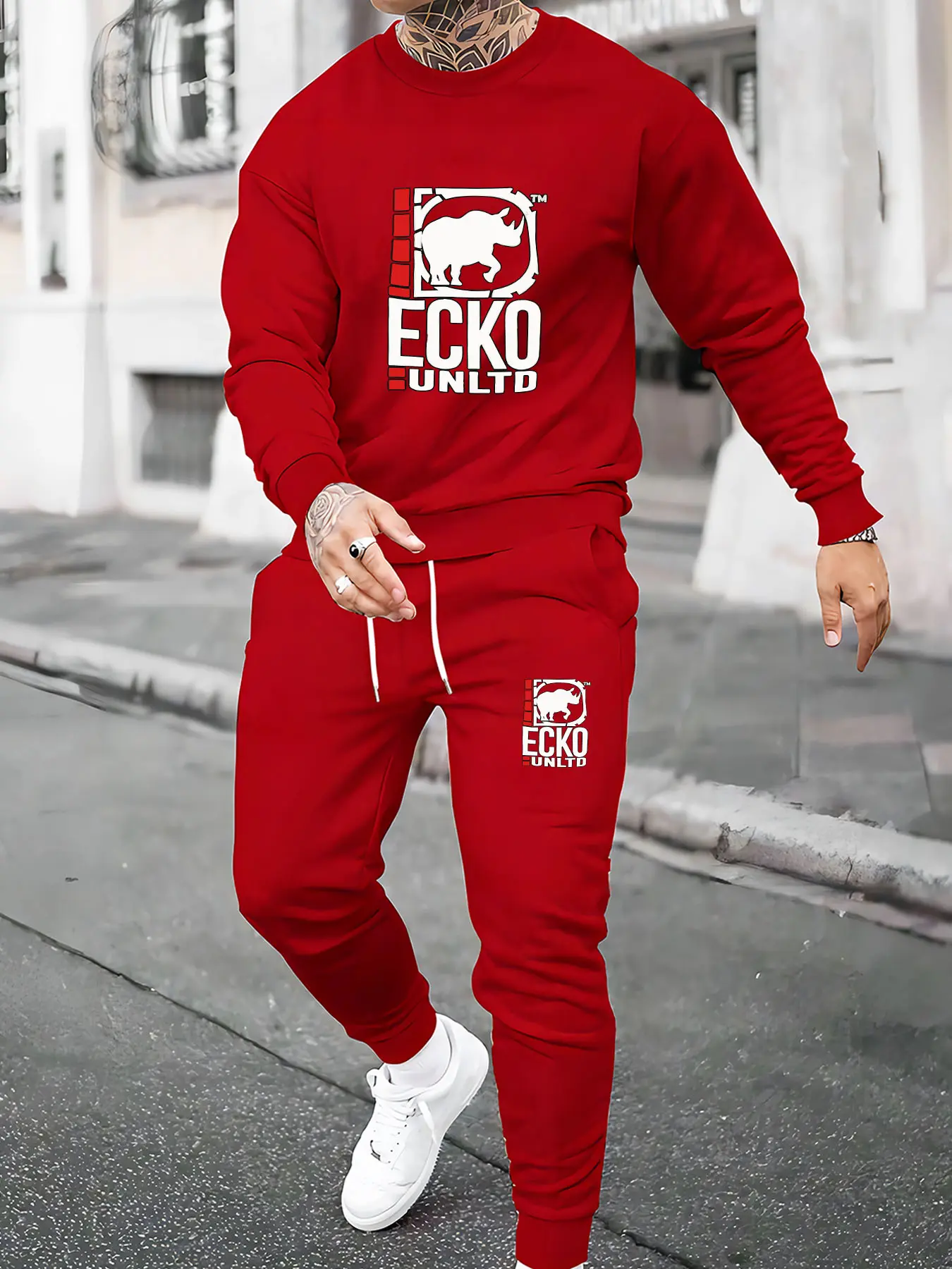 Fashion and personalized two-piece men's set with long sleeves and pants printed with personality ECKO UNLTD rhinoceros daily casual simple round neck long sleeved spring and autumn clothing two-piece printed men's fashion sportswear Menswear