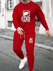 Fashion and personalized two-piece men's set with long sleeves and pants printed with personality ECKO UNLTD rhinoceros daily casual simple round neck long sleeved spring and autumn clothing two-piece printed men's fashion sportswear