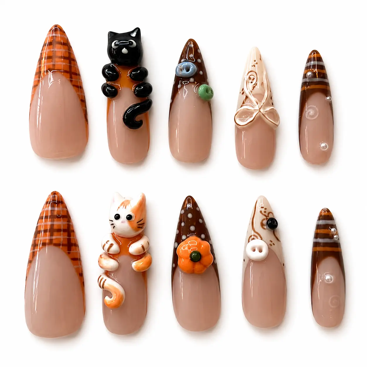 Cozy Fall Press On Nails, 3D Cat Autumn Nails, Brown Plaid Pumpkin Design