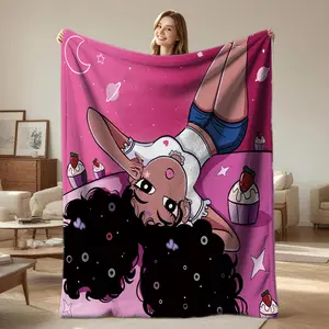 Cute Black Girl Cartoon Print Throw Blanket, Pink Starry Cupcake Flannel Blanket, Super Soft & Warm, Aesthetic Kawaii Style, All-Season Gift for Girls & Teens, Perfect for Bedroom, Sofa, Couch, Travel & Home Decor