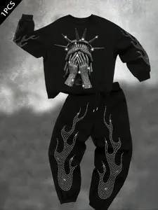 Men's Streetwear Fitted Hoodie & Pants Set, Trendy Rhinestone Lady Liberty Print, Flame Print Long Pants, Casual Fall Winter Top Outfit
