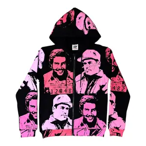 Asa.ali Pink Graphic Portrait Zip Hoodie – Streetwear Y2K Oversized Full Zip Jacket for Men & Women