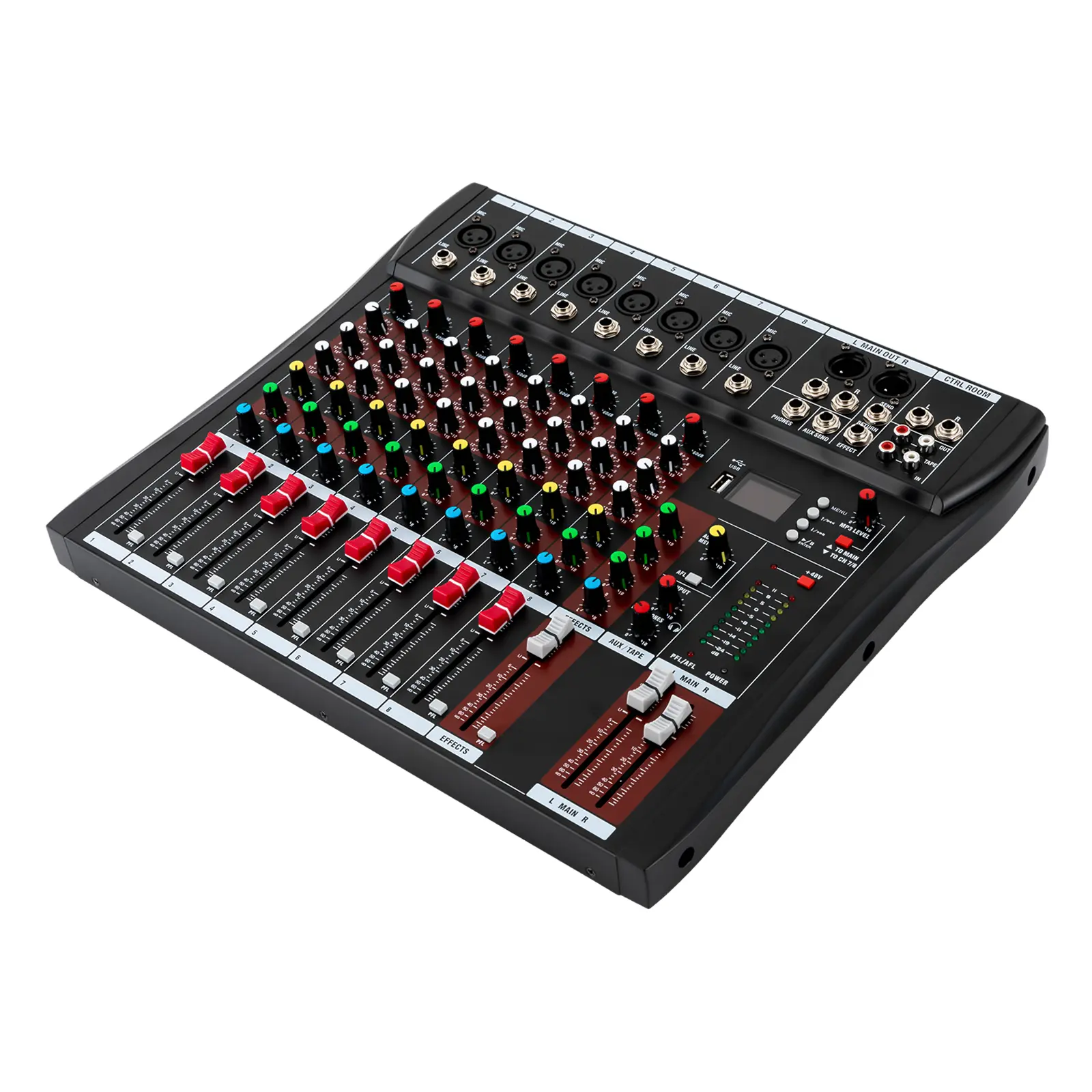 Black Metal 8-Channel Studio Mixer Karaoke Machine Sound System with Bluetooth, Echo Effect, LED Light, 110V US Plug, 20Hz-30KHz Frequency Response for Bars, Recording Studio, Home Use