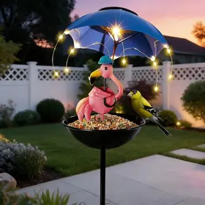 Solar LED Flamingo Umbrella Light with Bird Feeder, Garden Decoration for Yard Lawn Pathway, Outdoor Pathway Lighting, Weather Resistant Metal Design