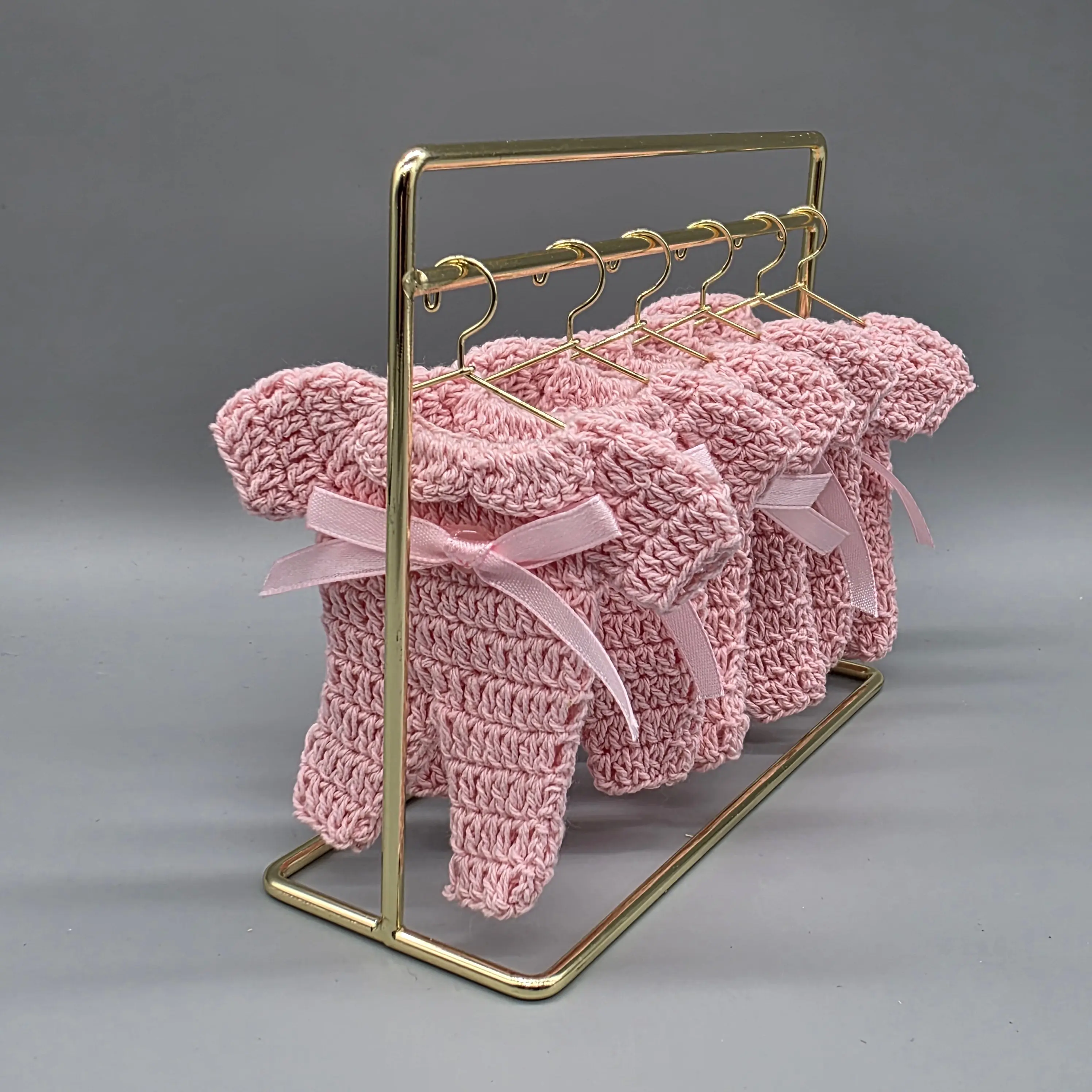 6 Pink Crochet Baby Shower Party Gifts, Mini Onesie Party Favors with Optional Gold Hangers & Display Rack, Handmade Party Gifts