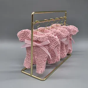 6 Pink Crochet Baby Shower Party Gifts, Mini Onesie Party Favors with Optional Gold Hangers & Display Rack, Handmade Party Gifts