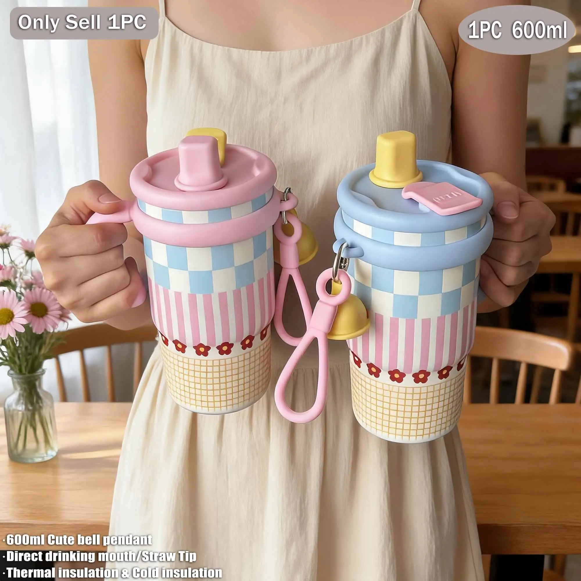 600ML Floral Pattern Stainless Steel Insulated Water Cup, Dual Layer Vacuum Bottle, Ceramic Coating, Straw & Direct Drink, Ideal for School, Office, Travel, Insulated Coffee Tumbler