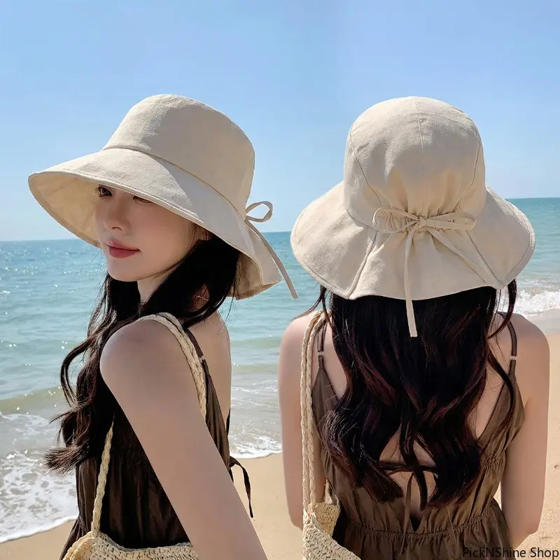 Women's Solid Adjustable Cotton Bucket Hat - Wide Brim, Bow Decor, Cooling Breathable Sunscreen, Women's Fashion Beach Stuff for Sunny Days Daily Casual Summer Outdoor Use, Adjustable Sunscreen Hat, Accessories For Women