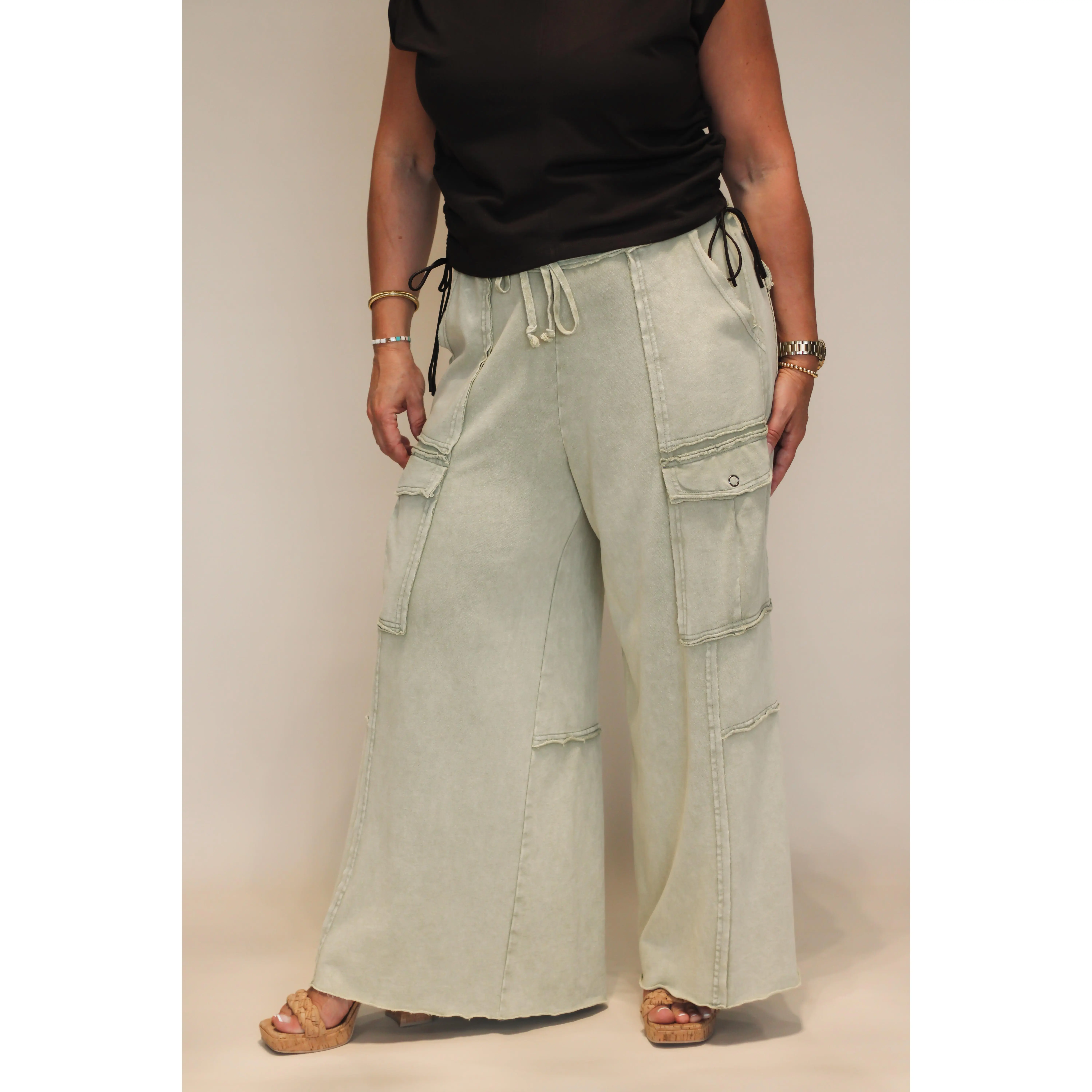 EASEL Washed Wide Leg Terry Cargo Pants