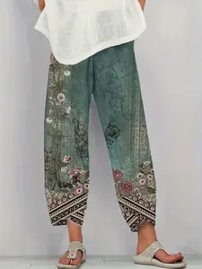 Plus Size Ethnic & Floral Print Wrap High Waist Pants, Boho Casual Comfy Trousers for Daily Holiday Vacation Wear, Women's Bottoms for Summer