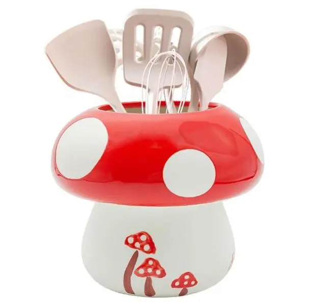 Mushroom Kitchen Utensil Holder for Countertop Mushroom Decor Ceramic Cooking Utensil Crock Large Spatula Holder Utensil Organizer Kitchen Decor