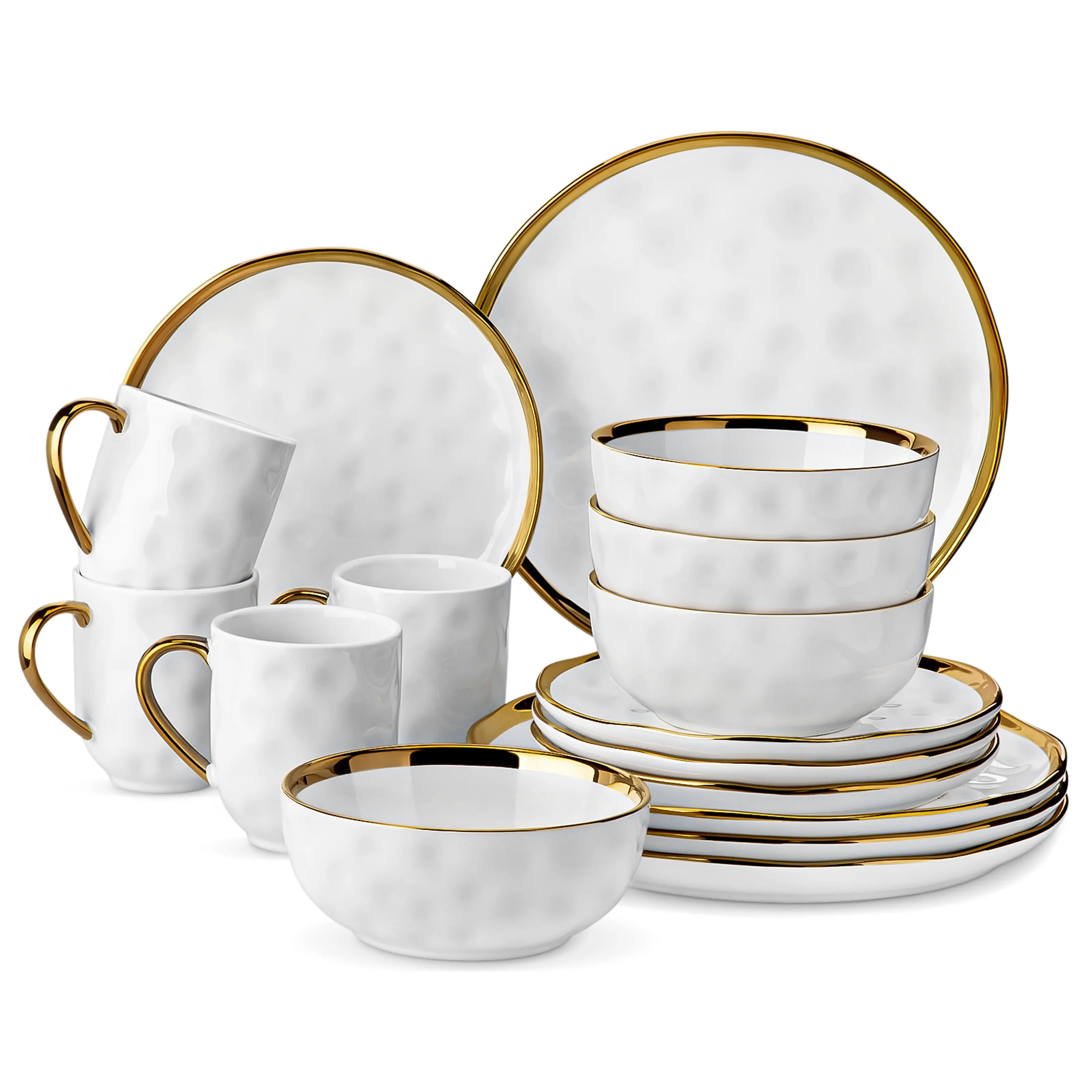 LOVECASA 12/16-Piece Modern Ceramic Dinnerware Set for 4 People - Glossy Finish with Gold Trim, Stackable Serving Dish Tableware Set, Vintage Cutlery Service for 4