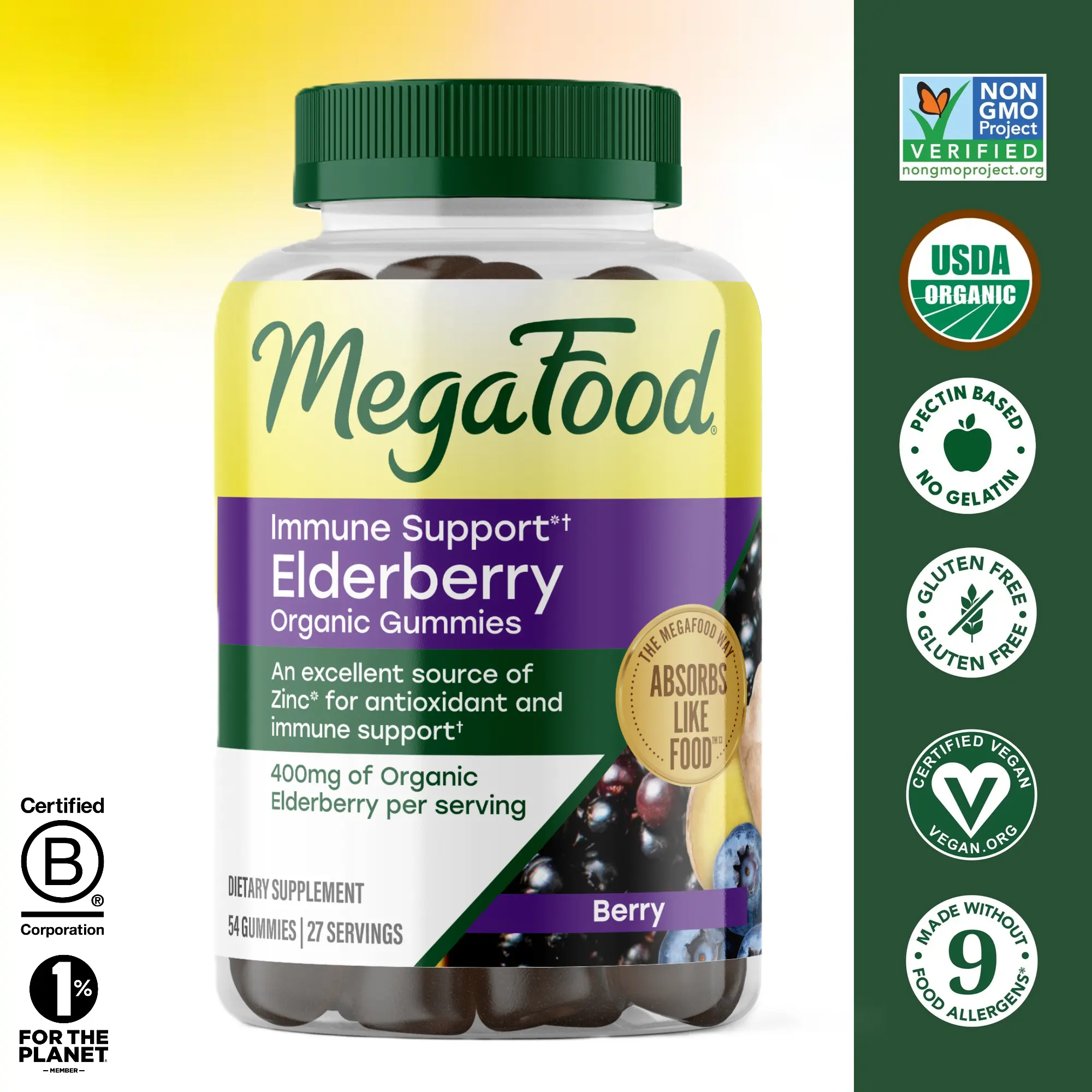 MegaFood Elderberry Immunity Boost Edible Vitamin Supplement Gummies - Non-GMO, Pectin-Based, Chewable, for Ages 4+, Real Foods Berry Flavor (Blueberries, Ginger), 27 Day | 54ct 54 Gummies