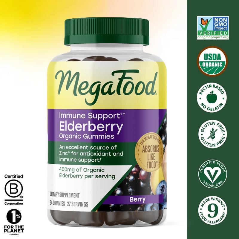 MegaFood Organic Elderberry Dietary Immunity Boost Edible Vitamin Supplement Gummies - Natural, Non-GMO, Pectin-Base, Chewable, for Ages 4+, Real Foods Berry Flavor (Wild Blueberry, Ginger), 27-Day Supply, 54ct