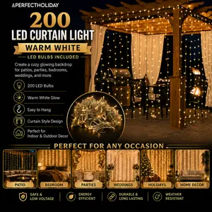 Perfect Holiday Curtain String Lights Ambient Decorative Lighting 200 LED Warm White Clear Cable 6FT x 9FT