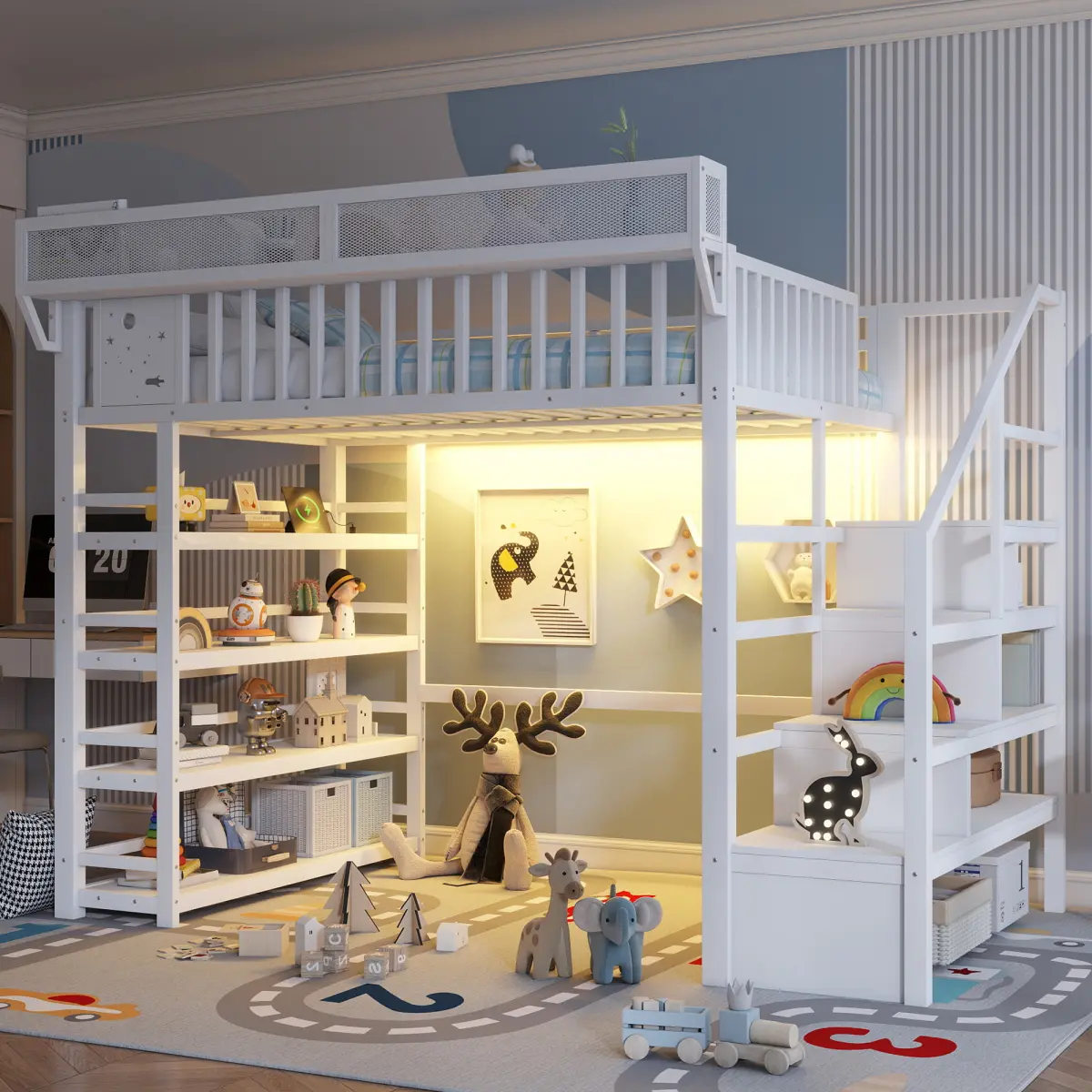 Full Size Loft Bed Frame with Stairs & Smart RGB Lights, Metal Full Loft Bed with Storage Rack & 4 Shelf Storage Rack, Built-in Charging Station, Full Size Loft Bed for Adults & Teens, White