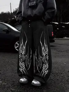 Streetwear Culture Drape Sweatpants, Abstract Thorn Flame Print, Loose Wide Leg, Versatile Dark, Fleece Lined Warm Fabric