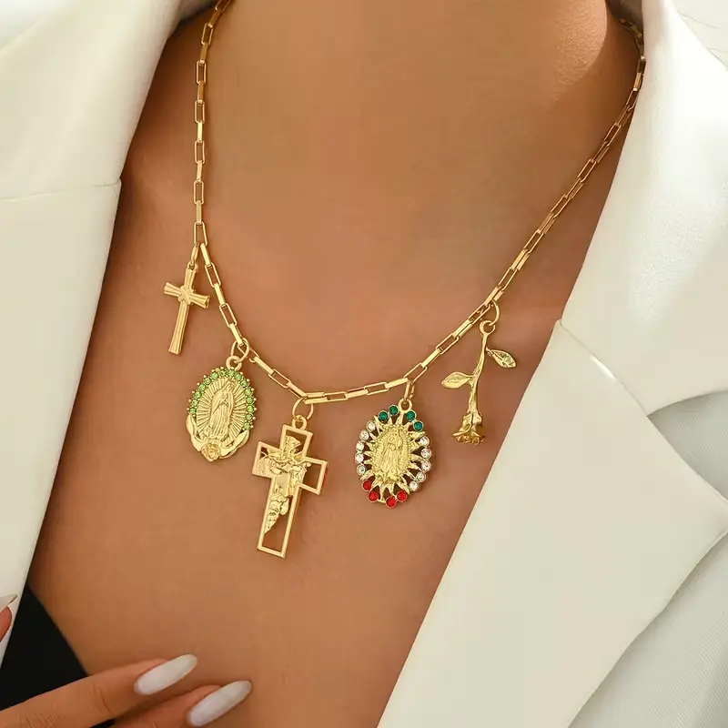 Our Lady of Guadalupe Charm Necklace for Women, Gold Paperclip Chain with Virgin Mary, Cross & Rose Pendant, Religious Catholic Statement Jewelry Gift