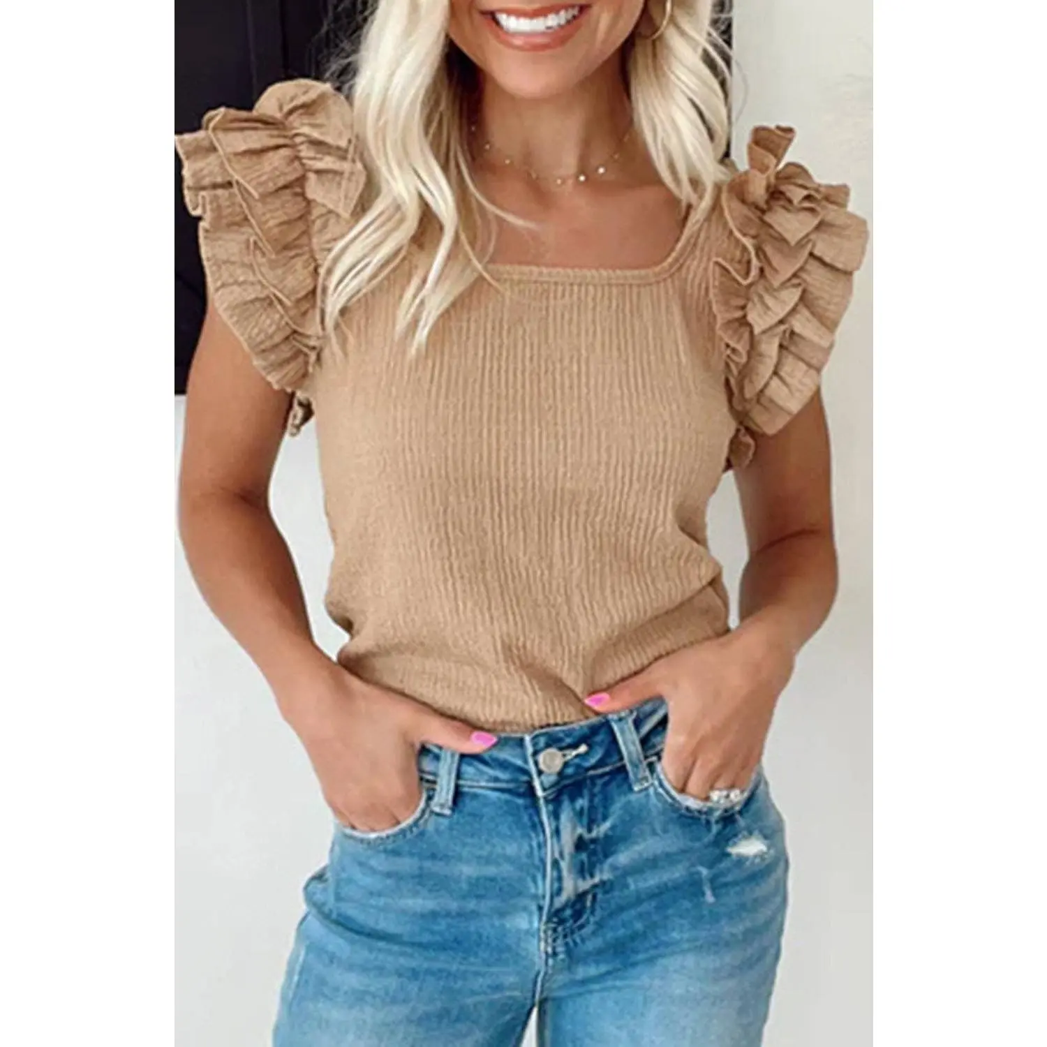 Ruffled Tiered Sleeve Square Neck Textured Top