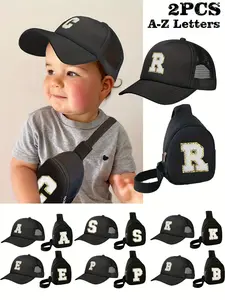2PCS Kids 26 Letter Trucker Hat & Fanny Pack Set, Breathable Lightweight Sun Shade Cap, Compact Storage Bag, For Boys & Girls Spring Summer Daily Outing Back to School Wear