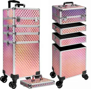 5 in 1 Rolling Makeup Train Case on Wheels Large Cosmetic Organizer Travel Cart for Women Beauty Salon Barber Hairstylist Pink Buanson