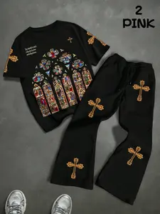 Vintage Religious Windowpane Cross Short Sleeve Set, Church Print & Cross, Casual Street Style, Spring & Fall Fashion