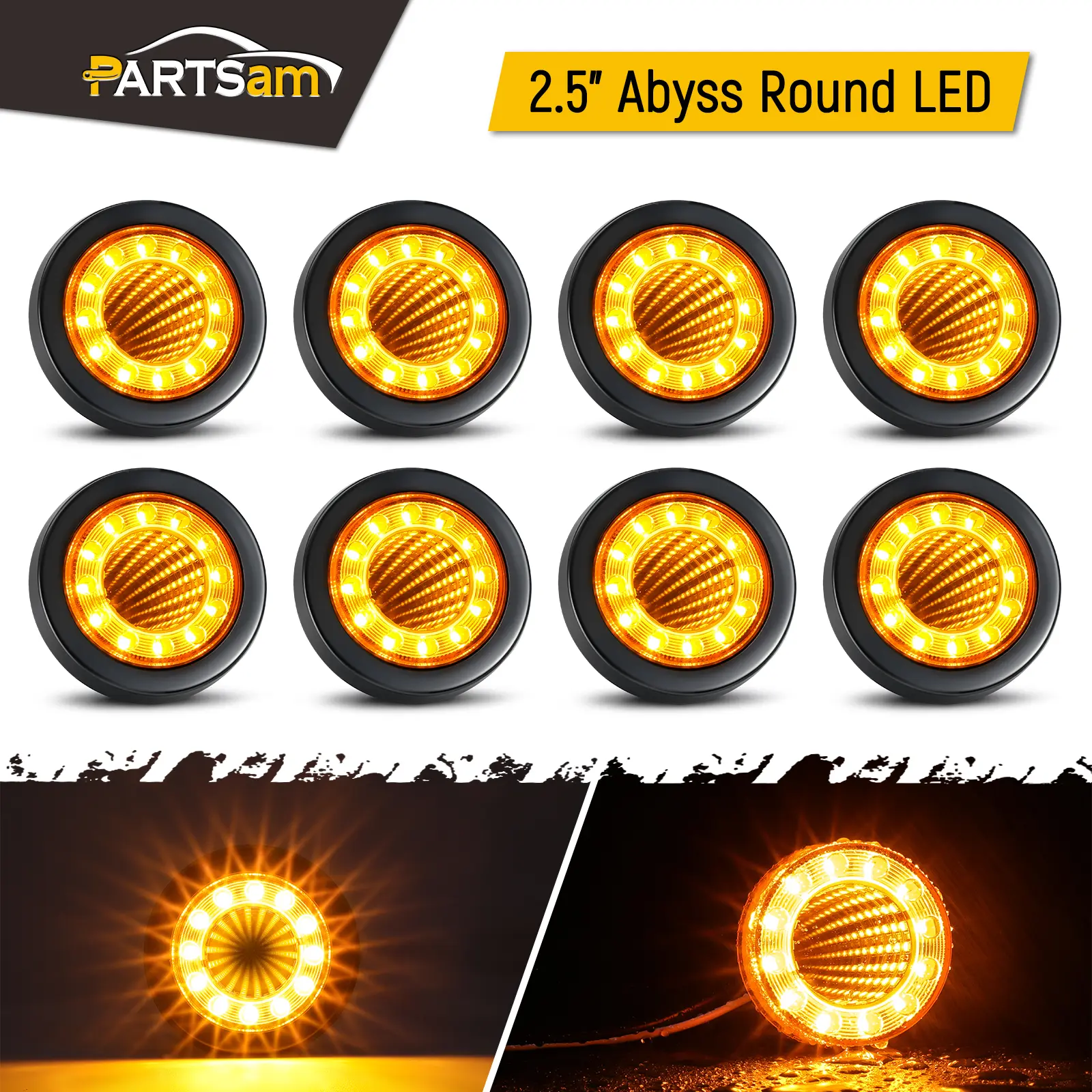 Partsam 8Pcs 2.5 inch Round Abyss Amber 30 LED Marker Lights, Clearance Light with Pigtail and Grommets for 12V Trailer Camper RV Semi-trucks Flatbeds