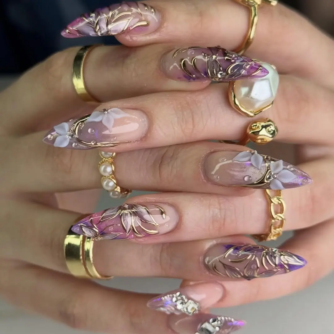 Aura Nails - Extra Long Stiletto Press On Nails Purple Ombre  3D Flower Gold Chrome Luxury Fake Nails with Rhinestone Design