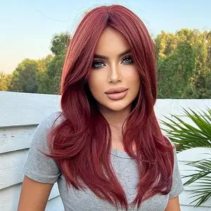 Wine Red Wig with Bang Natural Medium Length Straight Wigs for Women Heat Resistant Fiber Synthetic Wigs for Daily Cosplay