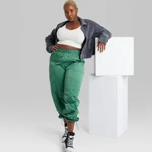 Wild Fable Women's High Rise Relaxed Parachute Pants Lightweight Nylon Fabric with Adjustable Drawstring & Side Pockets